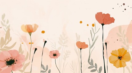 Naklejka premium Abstract image of an minimalistic backdrop. Composition of flowers, greenery, petals, sloppy lines and dots on a white background. Beige colors, warm shades, art, flora. Generative by AI