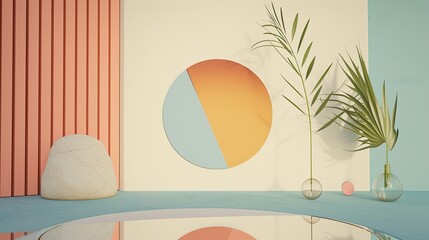 Abstract image of a minimalistic backdrop with one half centered circle, flowers, pots, greenery, stone, pool, lack of furniture, bright color palette. Generative by AI - obrazy, fototapety, plakaty