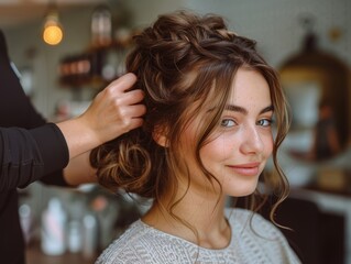 Fototapeta premium A hairstylist creating an hairstyle for a bride on her wedding day