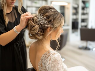 A hairstylist creating an intricate updo hairstyle for a bride on her wedding day