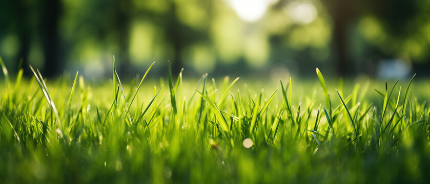 A close-up view of vibrant green grass blades, showcasing their vivid color and natural beauty in a peaceful park setting. Pattern grass background from nature suitable for graphic design