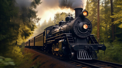 A historic steam locomotive pulling vintage passenger cars through a forested area, evoking the...