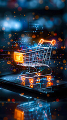 Consumer Engaging in Online Shopping with a Holographic Shopping Cart and Sale Icons Displayed Above Smartphone - obrazy, fototapety, plakaty