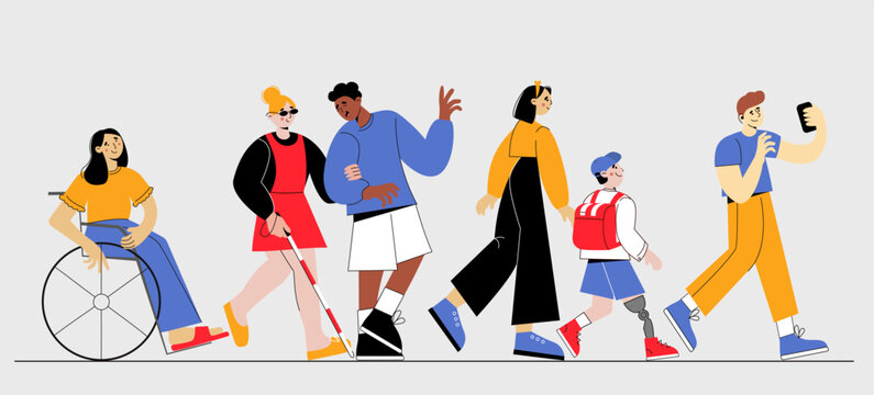 A group of multiracial people with various disabilities. Vector flat illustration of a person in a wheelchair, a blind person with a guide, a deaf person, a character with a prosthesis.