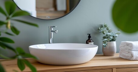 Fototapeta premium The Sophisticated Harmony of a White Ceramic Vessel Sink and Wall-Mounted Vanity in a Scandinavian Bathroom Setting