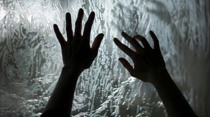 Silhouette of Human Hands Pressed Against Frosted Glass - A Metaphor for Isolation and Longing