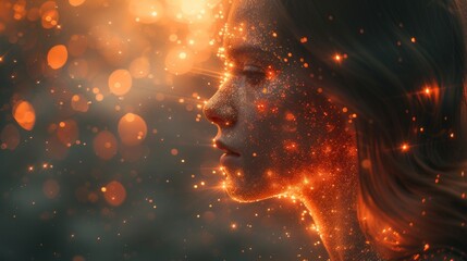 Womans Face Illuminated by Bright Lights