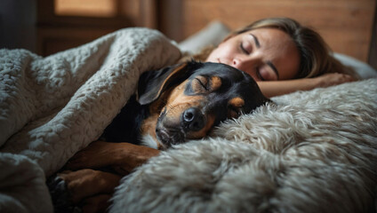 A cute dog sleeps sweetly with his owner in bed. - obrazy, fototapety, plakaty