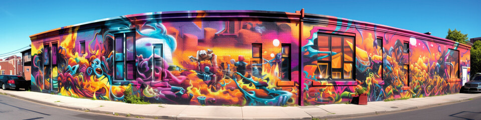 Naklejka premium Explore the streets ablaze with color and creativity, courtesy of a vibrant street art mural.