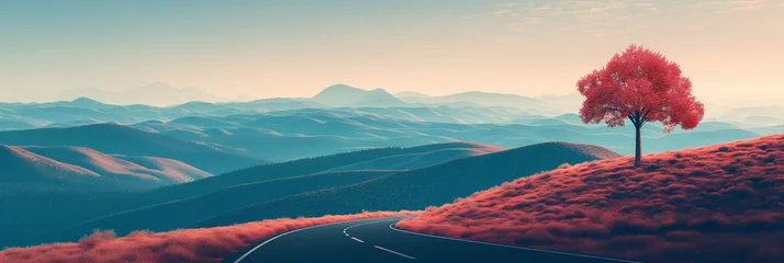 Poster  landscape with mountains,road and tree © Helka