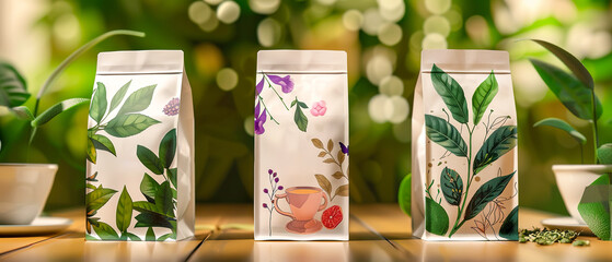 Three bags of tea arranged in a row with floral designs sit on a table