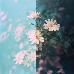 floral background with white daisies on pastel blue background