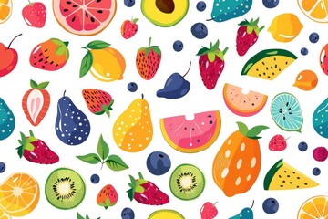 Abstract fruit tropical seamless pattern banner, wallpaper for kids, bright colors over white background. Wrapping paper for presents, isolated png. Baby linen, clothes and products for children