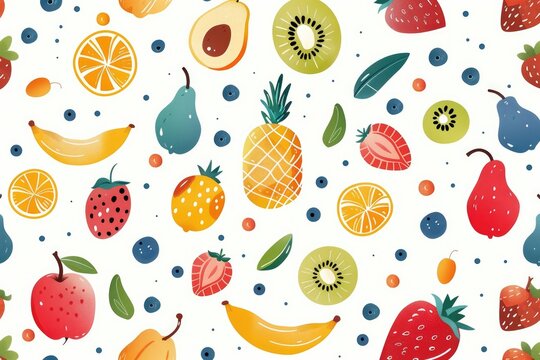 Abstract fruit tropical seamless pattern banner, wallpaper for kids, bright colors over white background. Wrapping paper for presents, isolated png. Baby linen, clothes and products for children