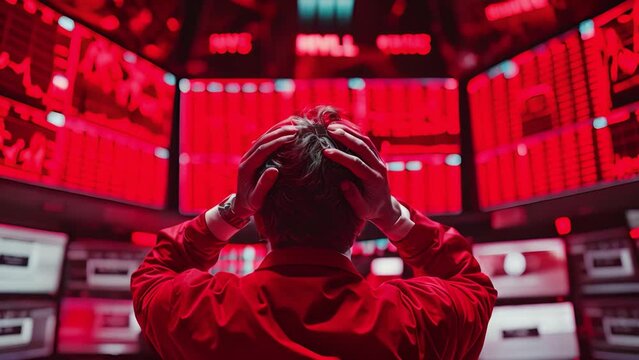 Stockbroker Male Looking at Stock Trading data on Display Board at Stock Exchange Market as Business financial investment concept. The Market trend is decrease or Down as show in red Figure. Stressed 