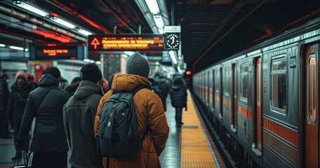 Moment of Passengers Awaiting Their Next Ride at a Subway Station - obrazy, fototapety, plakaty