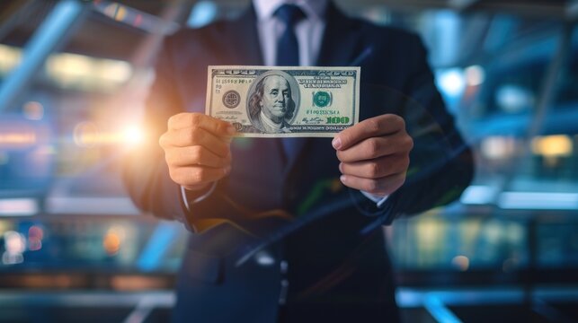 Businessman holding dollar bills.