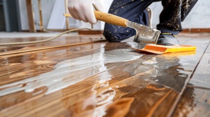 Image of a person applying a protective coating to a wooden laminate floor - obrazy, fototapety, plakaty