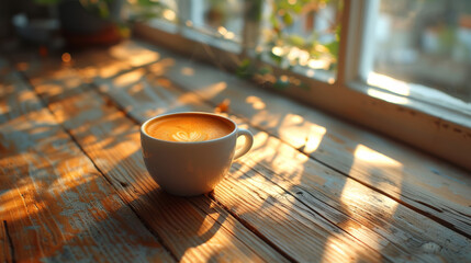 A Cup of Coffee on a Wooden Table - obrazy, fototapety, plakaty