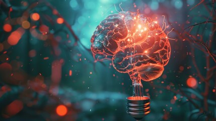 Human brain fused with a glowing light bulb - obrazy, fototapety, plakaty
