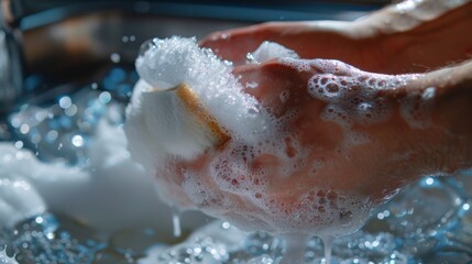 Hands squeezing a soapy sponge onto glass, forming foam and preparing to clean - obrazy, fototapety, plakaty