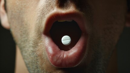 Moment of swallowing a white pill, with the pill visible on the man's tongue - obrazy, fototapety, plakaty