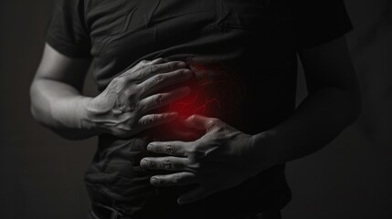 Man holding his stomach with liver in hand and area highlighted in red - obrazy, fototapety, plakaty