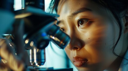 Asian woman scientists eye looks through microscope lens, her hands adjust focus knobs