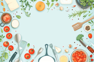 Fototapeta na wymiar Vegetarian and vegan food recipes banner with kitchenware, utensils and chopped vegetables, copyspace at center.