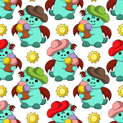 Seamless pattern with cute summer dragon with ice cream and sun