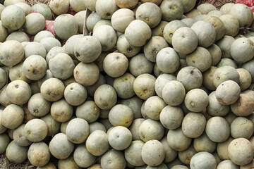 Stacks of melons (Cucumis melo) in a market. These fruits are widely consumed by Indonesians during Ramadan as part of the iftar menu.