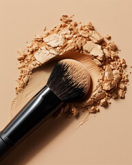 Make up brush and beige powder cosmetic, Generative AI