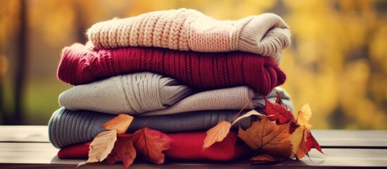 Pile of knitted woolen sweaters autumn colors.