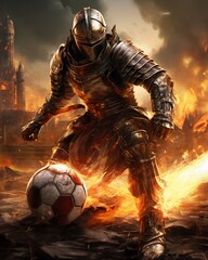 Fantasy art of lonely knights fiery soccer shot, foot ablaze, ball soaring - obrazy, fototapety, plakaty