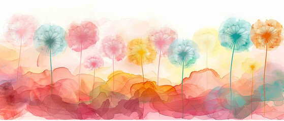 Fototapeta na wymiar Artistic dandelions on a soft pastel background, symbolizing delicate nature and serenity.