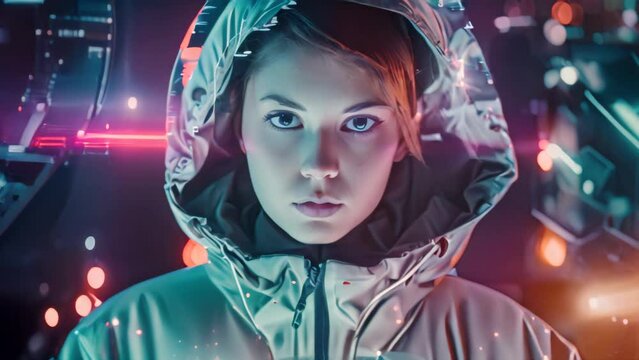 Young woman in futuristic space helmet against digital interface background. Sci-fi portrait concept with copy space for design and print.