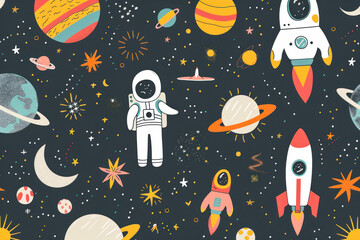 Space design background with text. Cute template with Astronaut, Spaceship, Rocket.