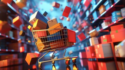 Overloaded Shopping Cart Soaring Amidst a Frenzy of Falling Packages