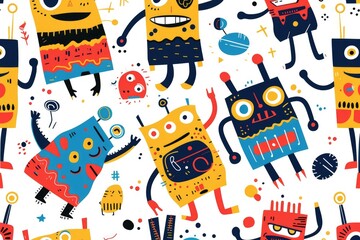 Abstract funny robot toys seamless pattern banner, wallpaper for kids, bright colors over white background. Wrapping paper for presents, isolated png. Baby linen, clothes and products for children