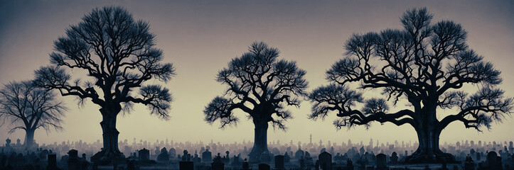 A graveyard shrouded in mist, with weathered tombstones standing sentinel amidst gnarled trees towards the moon.