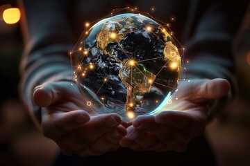 Global Connectivity at Our Fingertips Hands Holding a Transparent Globe with Superimposed Digital Nodes, Representing the Power of Network and Global Communication. - obrazy, fototapety, plakaty