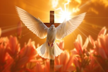 Embodying Divine Grace The Holy Spirit Manifested as a Winged Dove Soaring in Front of a Cross at Sunset, Symbolizing Christian Faith and Hope.