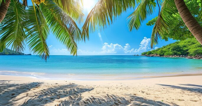 The Quiet Elegance of a Sunny Day on a Tropical Beach, Where Palm Trees Sway and Dreams Unfold