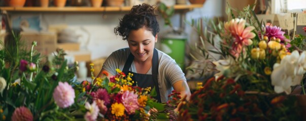 Woman Arranging Flowers in a Flower Shop - obrazy, fototapety, plakaty