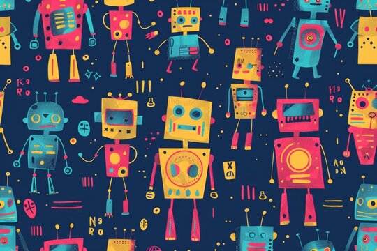 Abstract funny robot toys seamless pattern banner, wallpaper for kids, bright colors over dark background. Wrapping paper for presents, isolated png. Baby linen, clothes and products for children