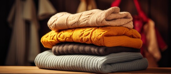 Pile of knitted woolen sweaters autumn colors. - obrazy, fototapety, plakaty