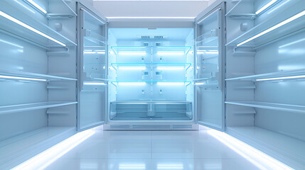 Empty Refrigerator for Weight Loss Diet Concept. White open empty refrigerator. Empty shelves in refrigerator. Diet and hunger, Generative Ai