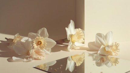 Serene Daffodils Basking in Warm Afternoon Sunlight on a Reflective Surface