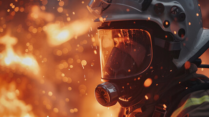A firefighter wearing a protective helmet at the epicenter of the fire. Fire Department Day