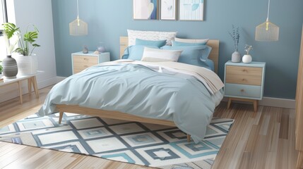Minimalist Scandinavian Bedroom with Light Wood Furniture and Pastel Blue Bedding AI Generated